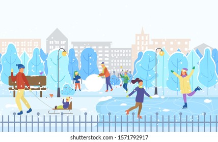 Winter activities and recreation outdoors. People figure skating on ice rink. Dad and kid sculpting snowman. Man pulling sleds with child. Park with trees and snowy ground. Vector in flat style