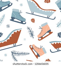 Winter activities seamless pattern. Cozy winter stuff: ice skates, pine, sledge. Hand draw doodle icons in cartoon style. Vector illustration. New Year and winter holiday texture for textile or paper