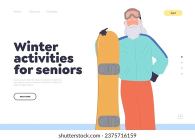 Winter activities for seniors promoting landing page template with old sportsman snowboarder design