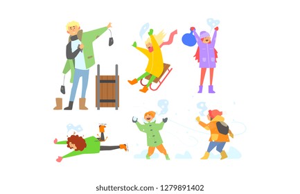 Winter activities set, children sledding, playing snowballs, kids having fun and enjoying snow vector Illustration