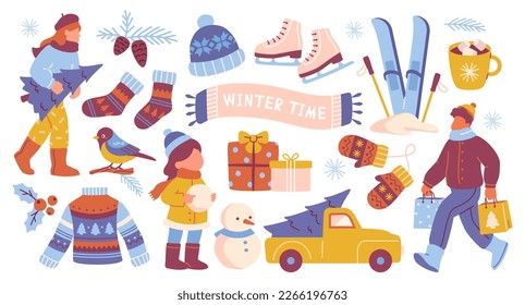 Winter activities. Set of colorful stickers with warm winter sweater, mittens and socks, skis and skates, christmas gifts and tree. Cartoon flat vector collection isolated on white background