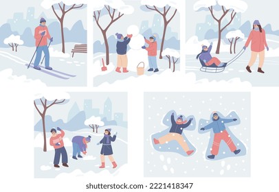 Winter activities set. Winter fun outdoors. Collection of illustrations. Kids playing snowballs, building a snowman, sleighing, skiing, making snow angels. Playing outdoors. Flat vector cartoon.