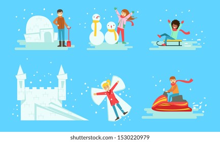 Winter Activities Set, People Building Icy Igloo and Castle, Making Snowman, Riding Snow Scooter, Sledding Vector Illustration