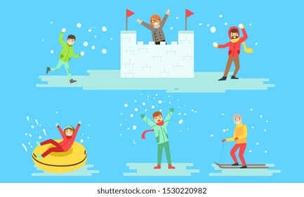 Winter Activities Set, People Playing Snowballs, Riding Snow Tube, Making Snow Castle, Skiing Vector Illustration