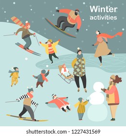 Winter activities set with people skiing, skating, snowboarding and children making snowmen and playing snowballs. Vector illustration in cartoon style.