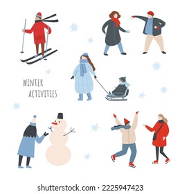 winter activities. simple vector illustration with people on winter holidays. ice skating, skiing, sledding, snowman building, snowball fight