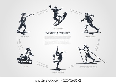 Winter activities - snowball, snowboard, skating sport, cross-country skiing, figure skating, sledge vector concept set. Hand drawn sketch isolated illustration