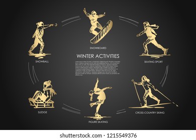 Winter activities - snowball, snowboard, skating sport, cross-country skiing, figure skating, sledge vector concept set. Hand drawn sketch isolated illustration