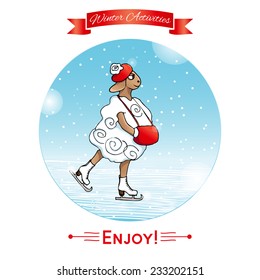 Winter activities, winter sport. Lamb skates, ice-skates. Winter poster. Poster, card with sheep on a winter snow background. Merry Christmas and Happy New Year.