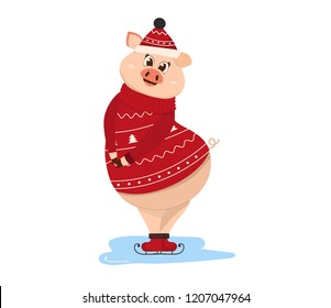Winter activities sport. Shy pig stands on ice skating in a pullover and headphones. holding a lollipop. Cute pig symbol of 2019. Isolated vector illustration.