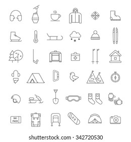 Winter activities thin line icon set. Winter sports shape icons. Winter travel, hiking, climbing outline pictogram elements for adventure web and applications. Winter outdoor activity equipment icons.