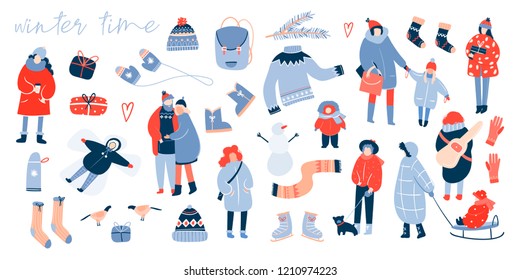 Winter activities. Various people. Cozy winter clothes and other stuff. Big colored vector set. All elements are isolated