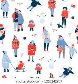 Winter activities. Various people. Hand drawn colored vector seamless pattern
