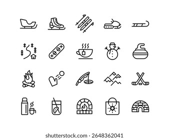 Winter Activities Vector Icon Set | Adjustable Line Weight | Skiing, snowboarding, sledding, hot drink, snowman, campfire, curling, snowball, hiking, igloo, fireplace icons