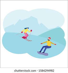 Winter activities. Vector illustration of happy cartoon skiers and snowboarders. Isolated on white.