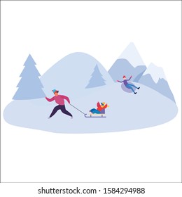 Winter activities. Vector illustration of happy cartoon skiers and snowboarders. Isolated on white.