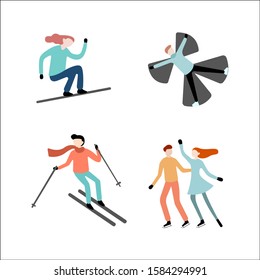 Winter activities. Vector illustration of happy cartoon skiers and snowboarders. Isolated on white.