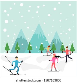 Winter activities. Vector illustration of happy cartoon skiers and snowboarders. Isolated on white.