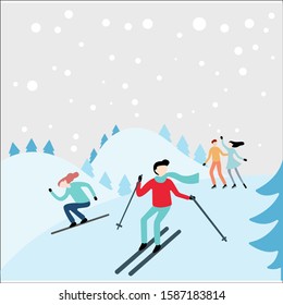 Winter activities. Vector illustration of happy cartoon skiers and snowboarders. Isolated on white.