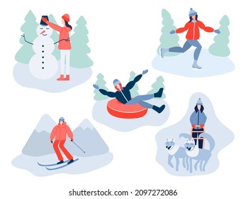 Winter activities vector set. Woman  riding on snow tubing, man skiing and ice skating. Woman making snowman. Musher riding dog team sled. People spend winter time outside.