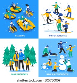 Winter activity 2x2 design concept with happy kids and parents skiing sledging skating flat vector illustration    