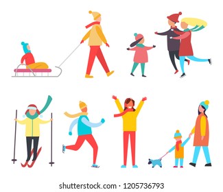 Winter activity and active lifestyle set vector. Skiing and skating, kid sitting on sledge, family with child. Mother and son walking dog canine pet
