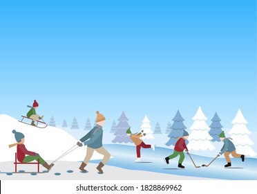 Winter activity. Children towing a sledge and sledding down a hill. Children skating on a frozen winter lake. Two kids playing hockey Scandinavian snowy winter landscape. Vector Illustration