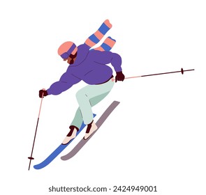 Winter activity concept. Character on ski. Leisure outdoor in cold weather. Young guy or girl at mountain. Poster or banner. Cartoon flat vector illustration isolated on white background