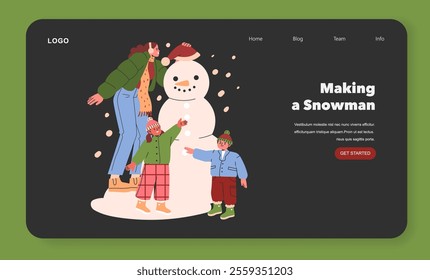 Winter activity concept. Family enjoys building a snowman together on a festive website banner. Joyful holiday bonding in snowy season. Vector illustration.