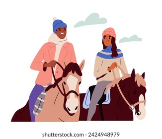 Winter activity concept. Man and woman ride at horse. Leisure outdoor in cold weather. Sticker for social networks and messengers. Cartoon flat vector illustration isolated on white background