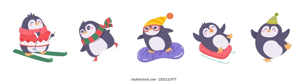 Winter activity of cute penguin characters set vector illustration. Cartoon isolated baby animals with hat, scarf and sweater ride snowboard and sled, penguins play and dance, ski and skate with fun