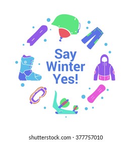 Winter activity and equipment flat icons on circle background. Snowboard jacket, board, helmet, boot, mask and pants web icon set. Flat vector illustration. 