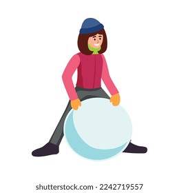 Winter activity flat icon with happy person making snowman vector illustration