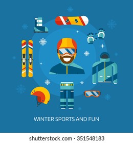 Winter Activity Flat Icons. Winter Sports Kit. Boarder Man With Winter Sports Gear Concept. Snowboard Jacket, Board, Helmet, Goggles, Skies And Snowboarder Guy Web Icon Set.