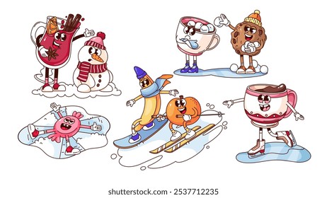 Winter activity of groovy cartoon characters set. Funny retro cookie and cup of hot drink, candy playing in snow, winter holidays mascots. Cartoon emoji collection of 70s 80s style vector illustration