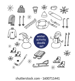 winter activity hand drawn set of elements in scandinavian style. sports equipment for winter recreation. ice skating, skiing, club