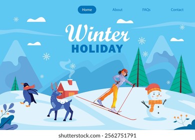 Winter Activity Holidays. Skiing, ice skating, walking, making a snowman. Landing pages template. Flat vector illustration