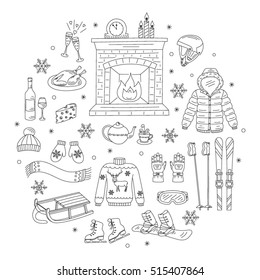 Winter activity icons hand drawn doodle vector illustration.