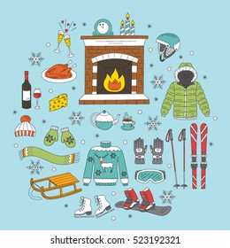 Winter activity icons hand drawn doodle vector illustration. 