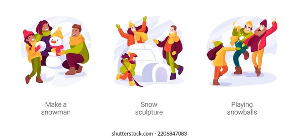 Winter activity isolated cartoon vector illustration set. Make a snowman, snow sculpture, playing snowballs, time outdoors, ice igloo, diverse family christmas holiday vector cartoon.