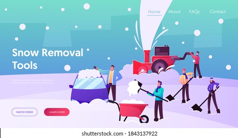 Winter Activity Landing Page Template. Happy Characters Shoveling, Removing Snow from Street Using Shovels and Snowblower for Cleaning Road and Cars after Snowfall. Cartoon People Vector Illustration