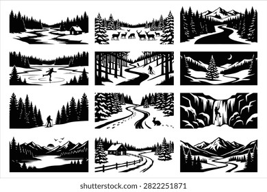Winter activity landscape silhouette set with ice skating climbing skiing deer herd rabbit cabin and waterfall black and white vector illustration