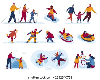 Winter activity outdoor games vector illustration, people man woman, kids boys and girls character skiing, skating, ride snowboard at snow season, isolated on white.