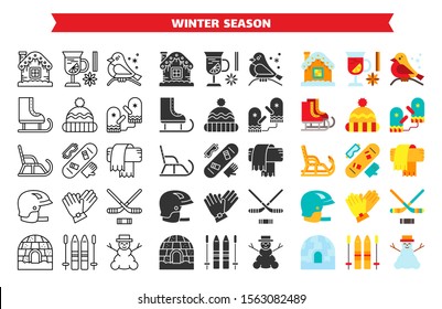 Winter activity outdoor line, glyph, flat icons bundle. Christmas season enjoy symbol set. Holiday fun simple sign contour, cartoon ski, sled, hat, scarf, igloo. Vector illustration isolated on white
