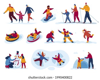 Winter activity outdoor set, vector illustration, people flat man woman character skiing, skating, ride snowboard at snow season, isolated on white.