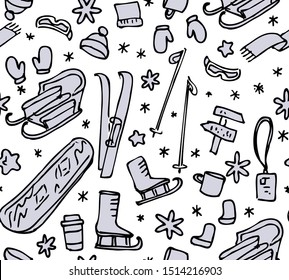 Winter activity pattern. Ski, skate, snowboard, winter clothes, snowflakes seamless pattern