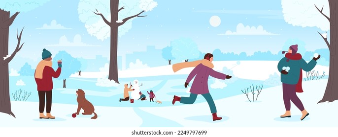 Winter activity of people in city park vector illustration. Cartoon family and friends play snowballs and build snowman, walk dog with cup of hot drink, fun games of characters outdoor wintertime