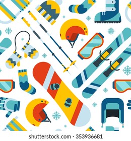 Winter activity seamless pattern. Winter sports snowboarding and skiing outdoor pattern background. Winter sports and activity wallpaper in flat design.