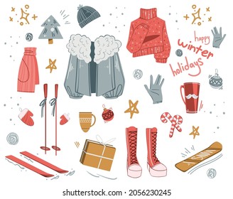 Winter activity set of clothes and accessories vector. Ski and snowboard. Happy winter holidays lettering. Isolated elements