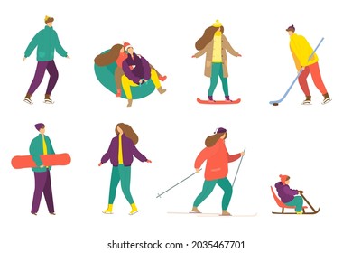 Winter activity set, isolated on white vector illustration. Man woman character skate, sledding, ski outdoor collection. People in seasonal clothes